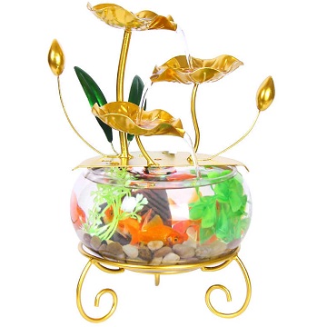 Fântână feng shui lotus, decor verde și pietricele, electrică cu led curcubeu 31 cm